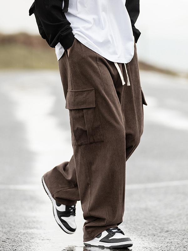 Men's Corduroy Flap Pocket Lace Up Cargo Pants-1