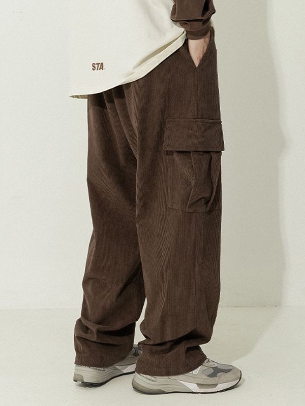 Men's Corduroy Flap Pocket Lace Up Cargo Pants-4