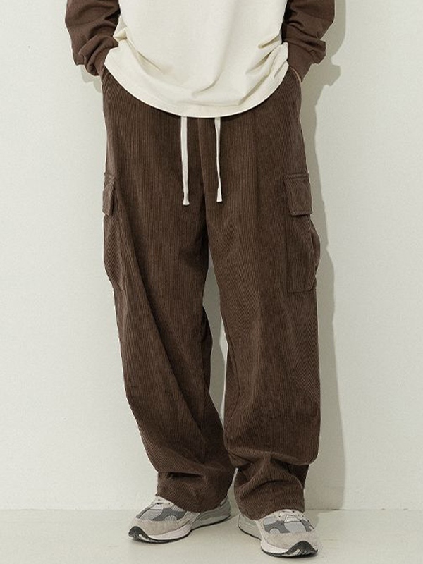 Men's Corduroy Flap Pocket Lace Up Cargo Pants-2