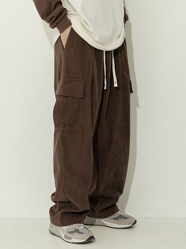 Men's Corduroy Flap Pocket Lace Up Cargo Pants-3