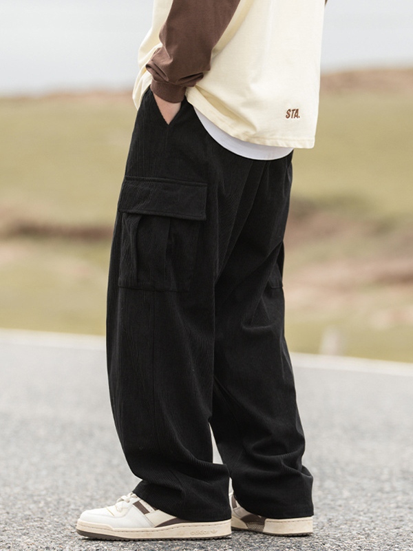 Men's Corduroy Flap Pocket Lace Up Cargo Pants-2