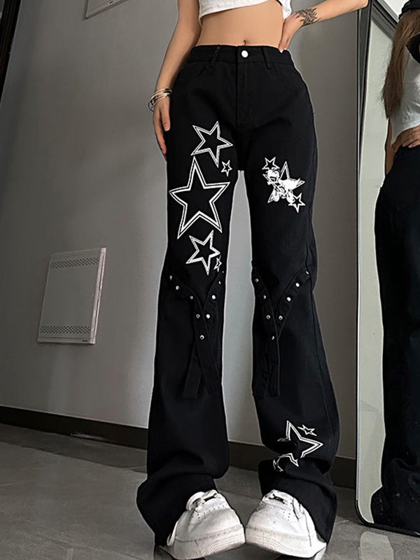 Star Print High Waist Flared Boyfriend Jeans-1