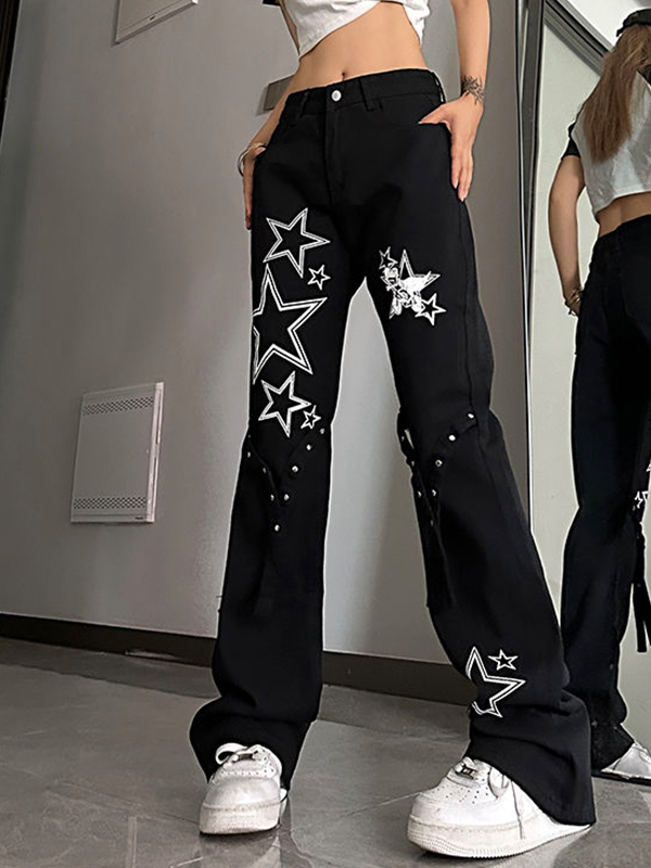 Star Print High Waist Flared Boyfriend Jeans-2