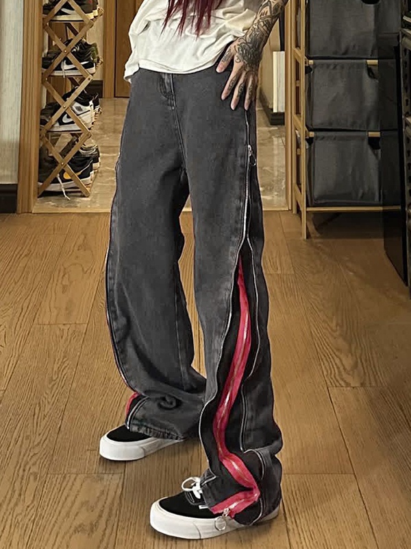 Contrast Color Side Double Zipper Boyfriend Jeans-1