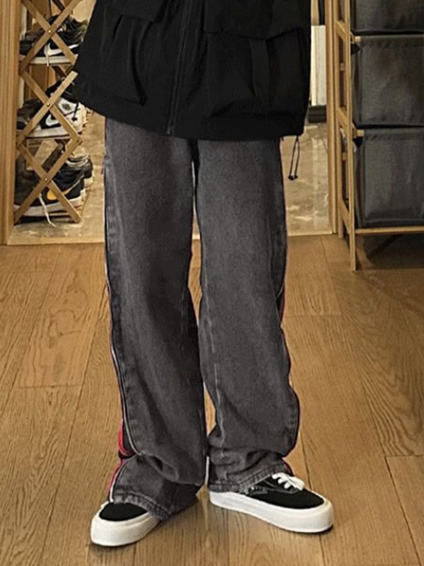 Contrast Color Side Double Zipper Boyfriend Jeans-2
