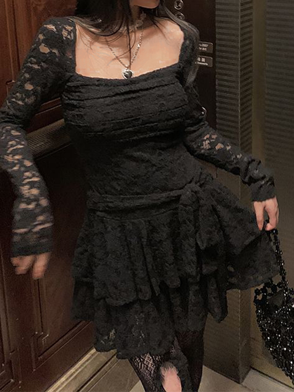 Vintage Square Neck Lace Ruched Tiered Mini Dress-1