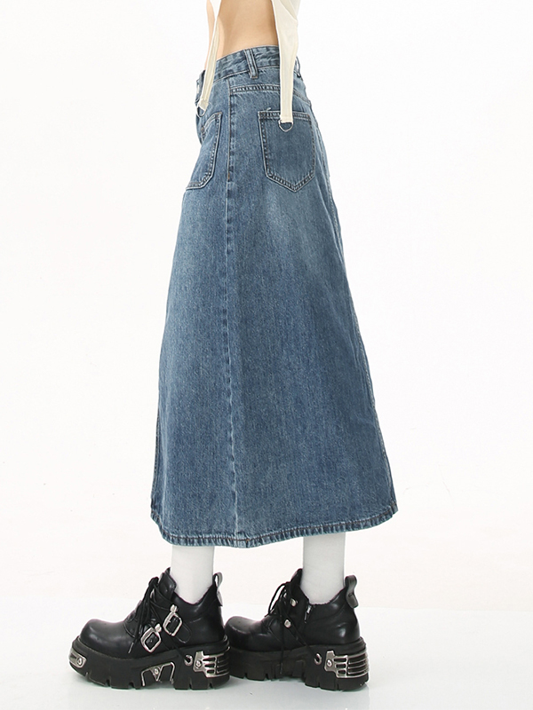 Vintage Pocket Front Slit Denim Midi Skirt-3