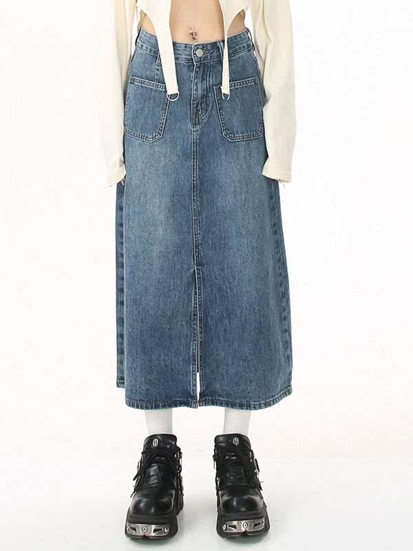 Vintage Pocket Front Slit Denim Midi Skirt-1