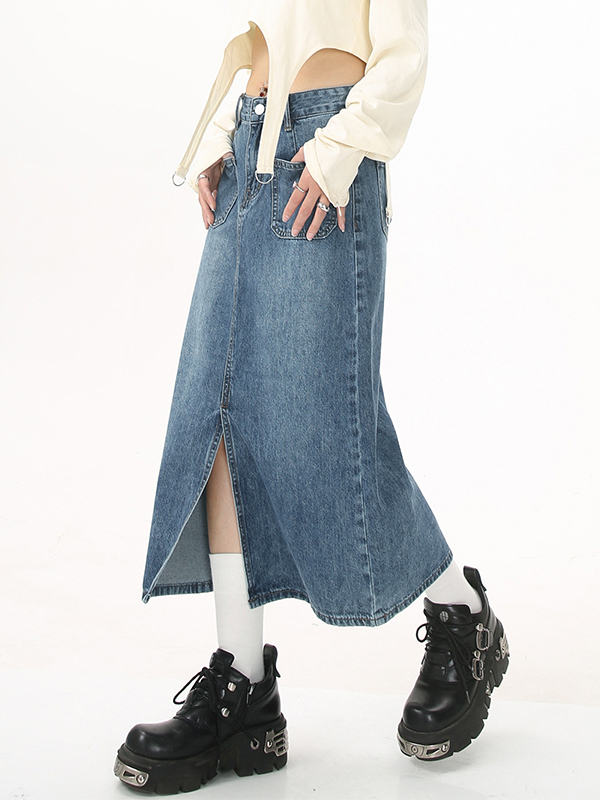Vintage Pocket Front Slit Denim Midi Skirt-2