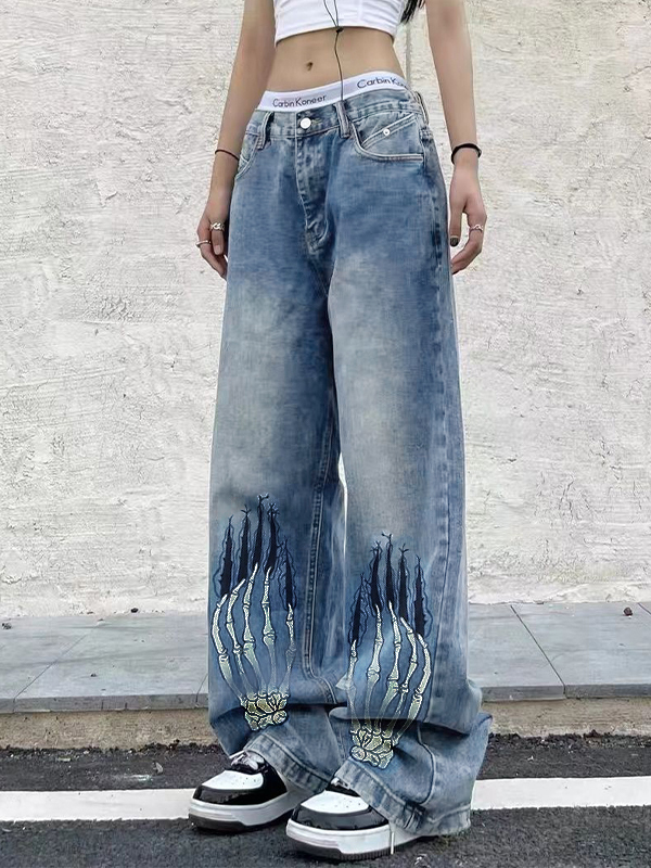 Street Skeleton Hand Print Boyfriend Jeans-1