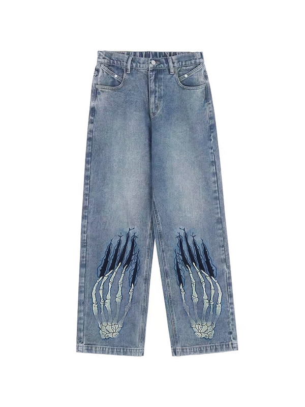 Street Skeleton Hand Print Boyfriend Jeans-3