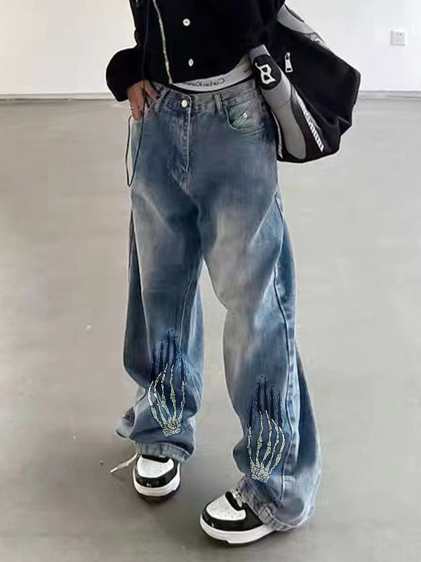 Street Skeleton Hand Print Boyfriend Jeans-2