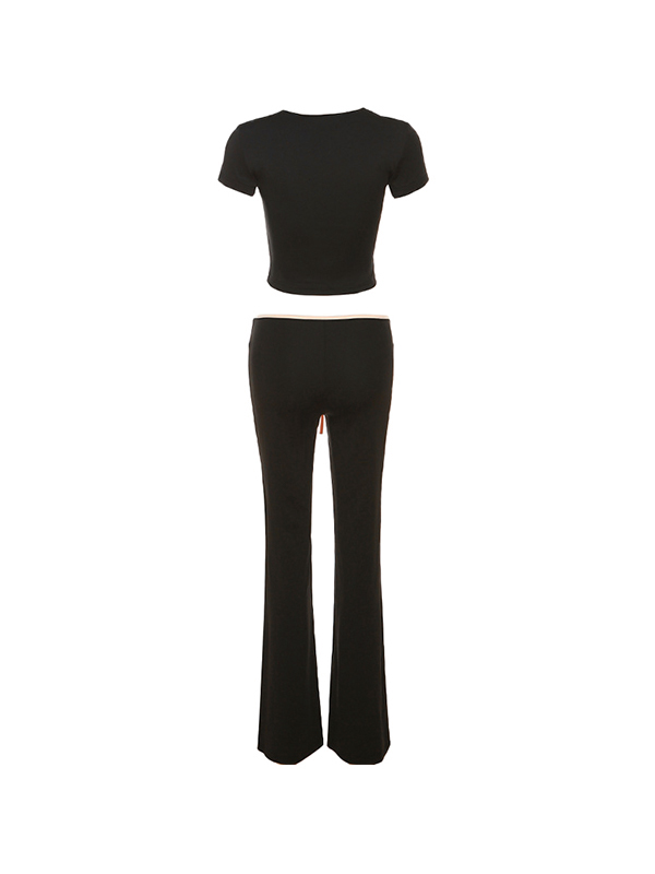 Contrast Color Trim Square Neck Tee&Low Rise Flare Pants Set-6