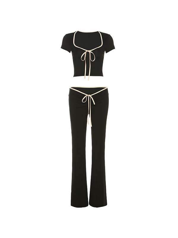 Contrast Color Trim Square Neck Tee&Low Rise Flare Pants Set-4