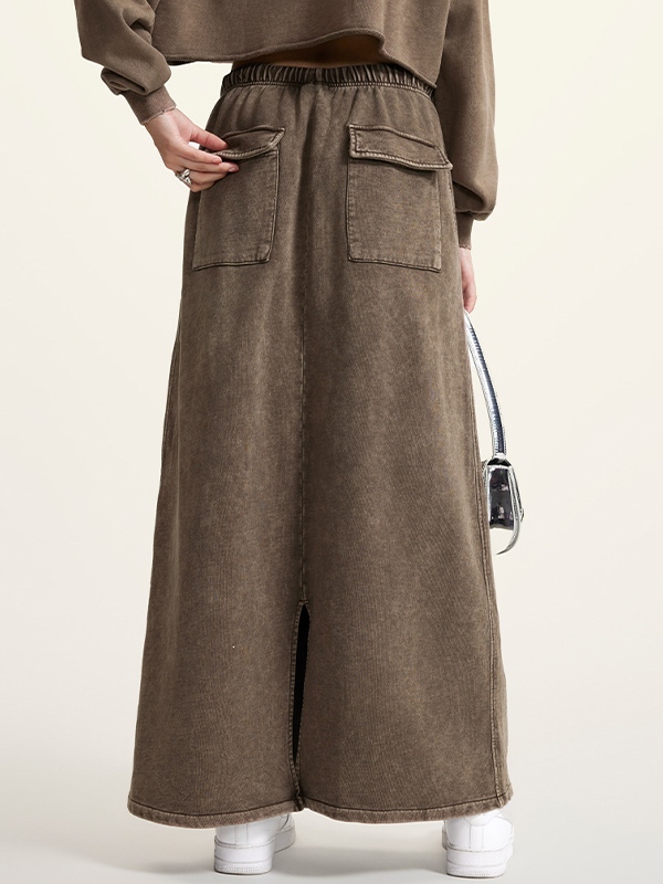 Washed Back Slit Baggy Maxi Skirt-2