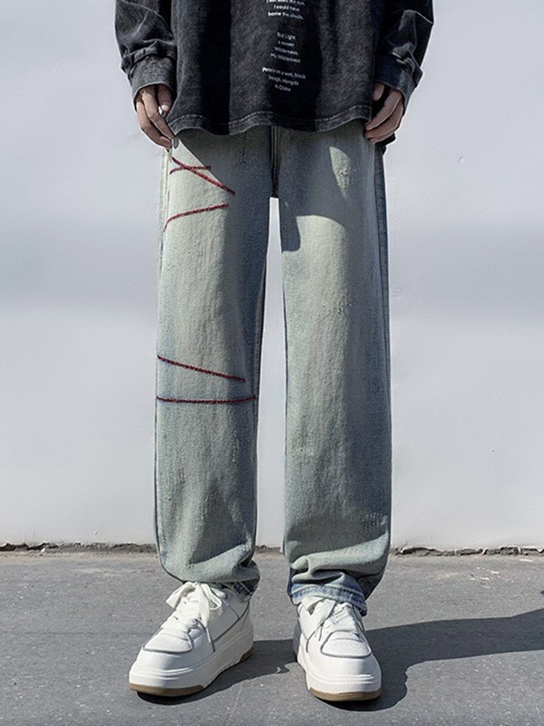 Men's Stitched Distressed Straight Leg Jeans-3