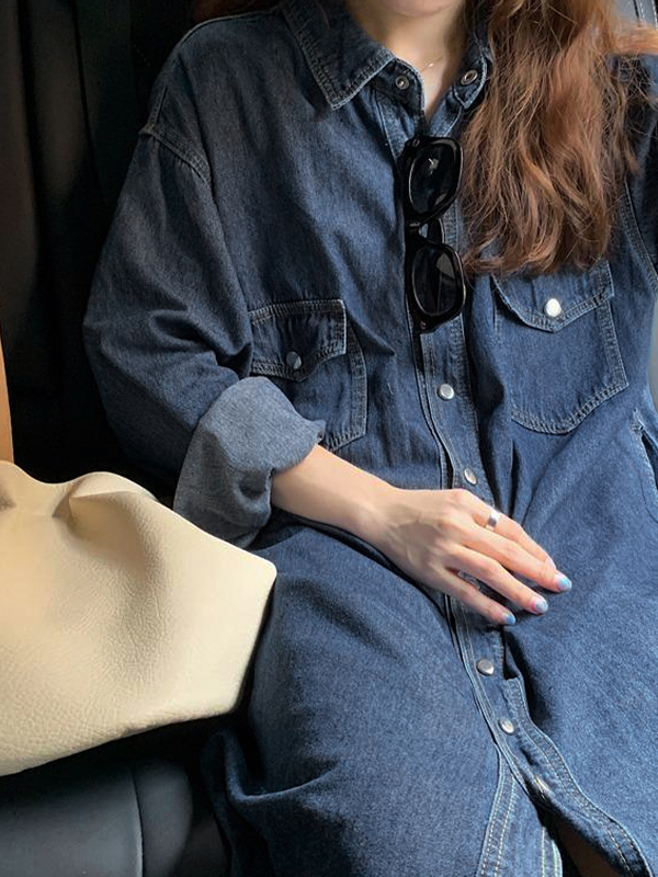 Denim Dual Pocket Shirt Maxi Dress-2