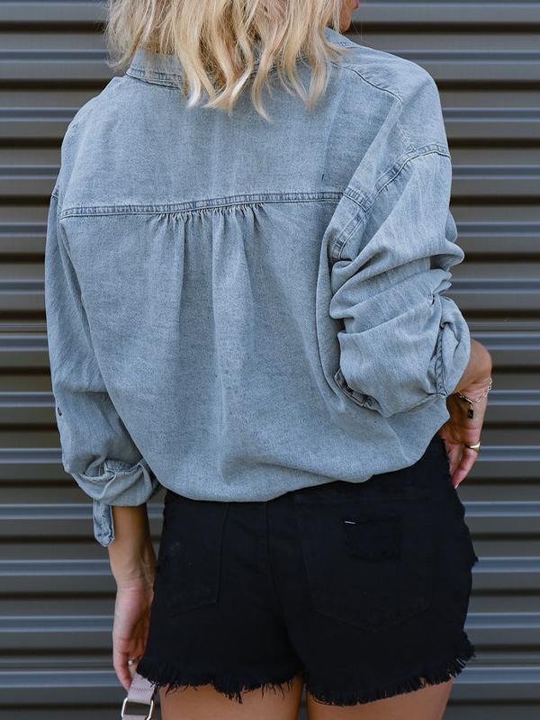 Vintage Dual Pocket Drawstring Denim Blouses&Shirts-3