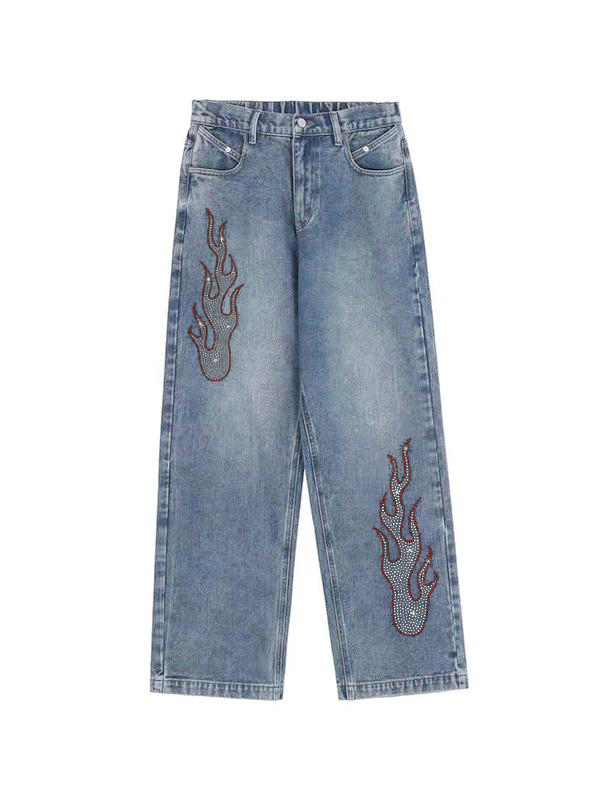 Flame Hot Diamond Printing Vintage Blue Wide Leg Boyfriend Jeans-1