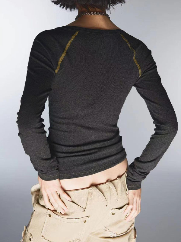 Vintage Print V Neck Breasted Long Sleeve Tee-1