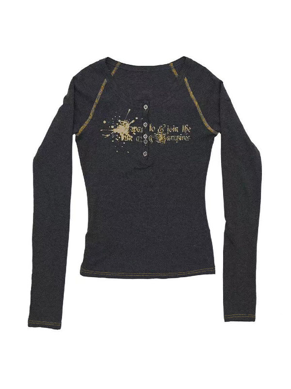 Vintage Print V Neck Breasted Long Sleeve Tee-3
