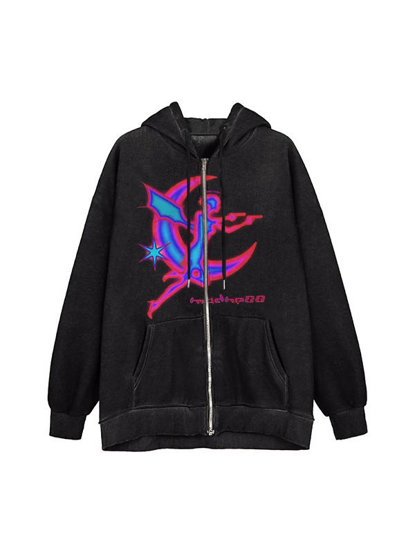 Vintage Graphic Print Zip Up Oversized Hoodie-1