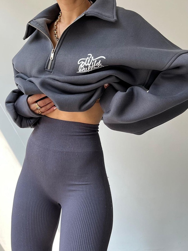 Letter Print Half Zip Sweatshirt-1