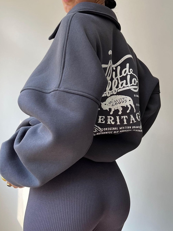 Letter Print Half Zip Sweatshirt-2
