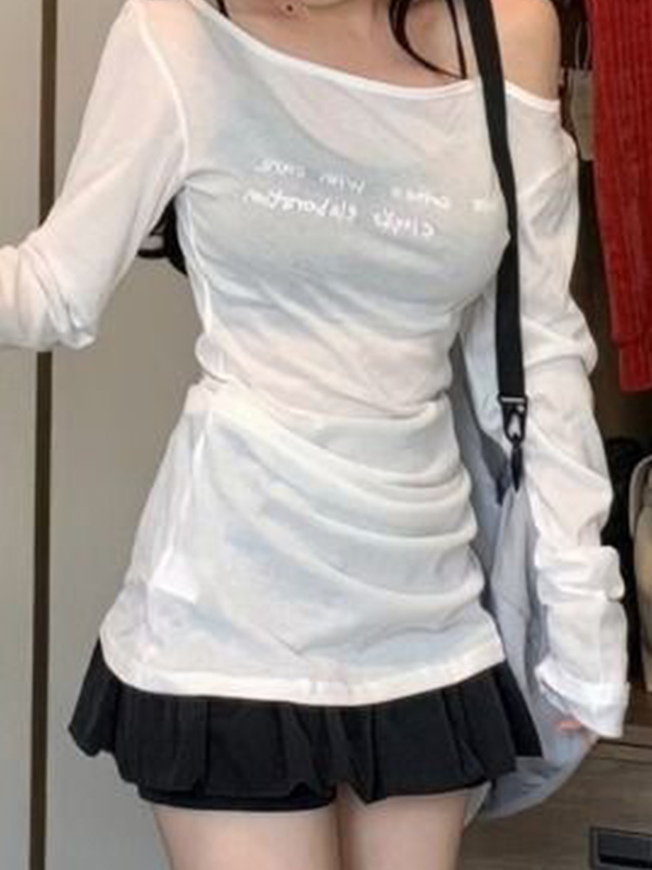 Letter Print One Shoulder Thin Long Sleeve Tee-2