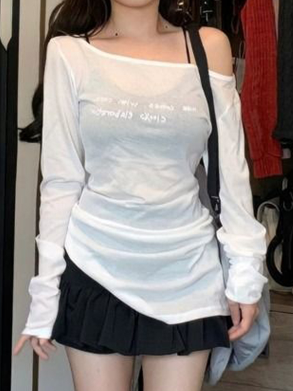 Letter Print One Shoulder Thin Long Sleeve Tee-1