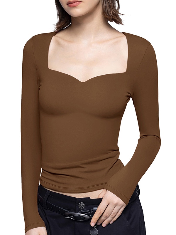Solid Sweetheart Neck Slim Long Sleeve Tee-1