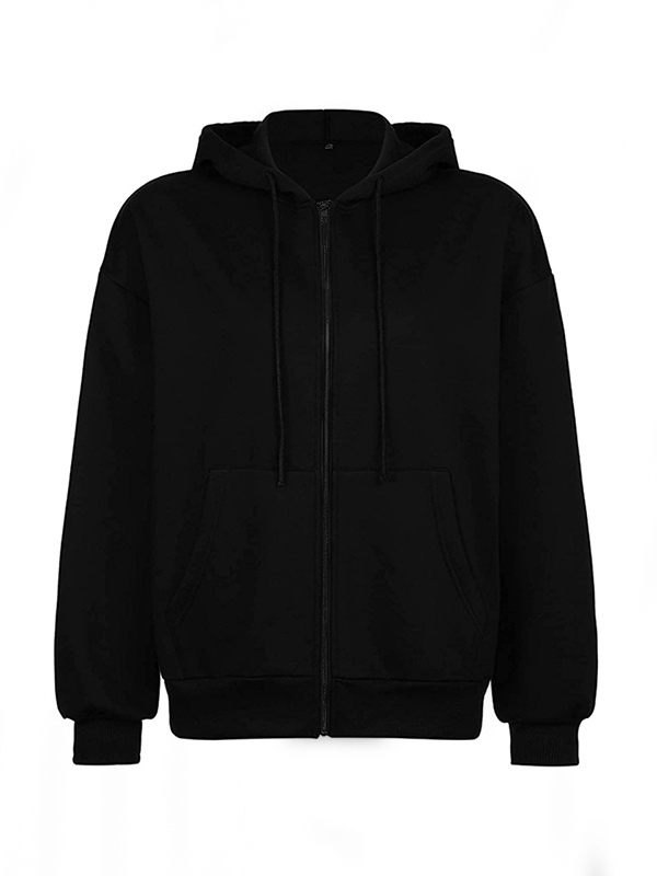 Solid Drawstring Zip Up Oversized Hoodie-3