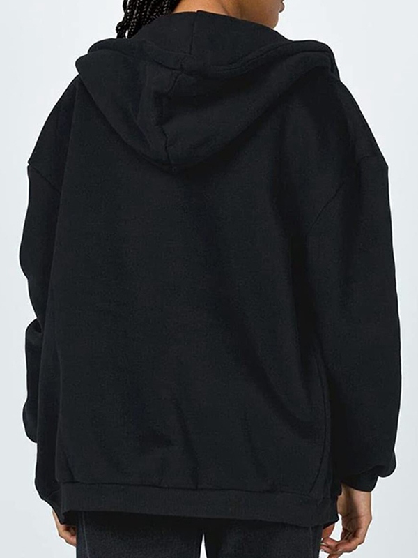 Solid Drawstring Zip Up Oversized Hoodie-2
