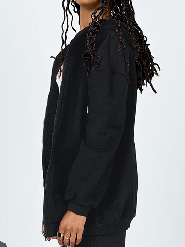 Solid Drawstring Zip Up Oversized Hoodie-1