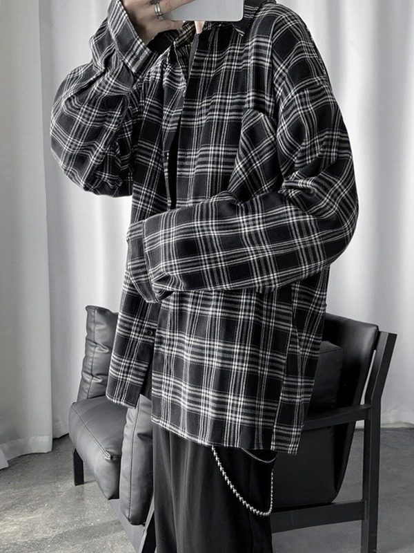Men's Long Sleeve Checkered Button Shirt-2
