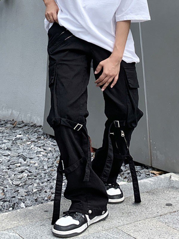 Men's Metal Strap Black Cargo Pants-2