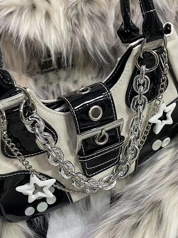 Star Chain Embellish Patchwork Buckled Shoulder Bag-1