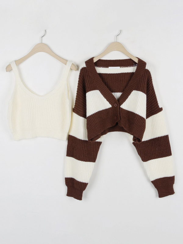 Stripe Splice Short Knit Cardigan-3