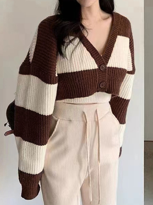 Stripe Splice Short Knit Cardigan-2