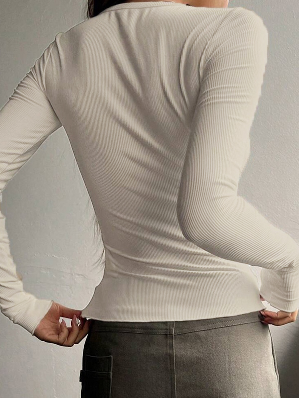 Solid Color Breasted V Neck Slim Long Sleeve Knit-2