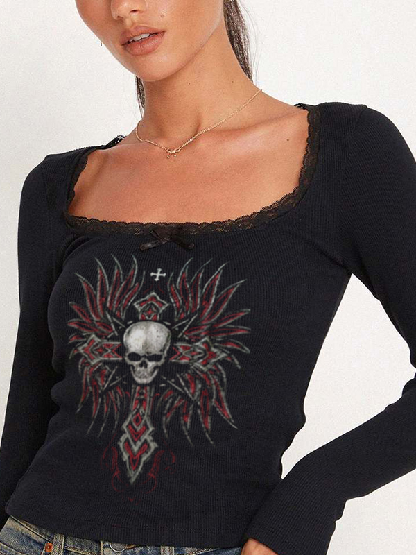 Skull Cross Print Lace Trim Long Sleeve Knit-1