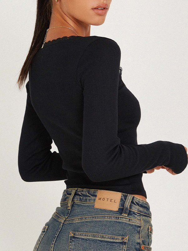Skull Cross Print Lace Trim Long Sleeve Knit-2
