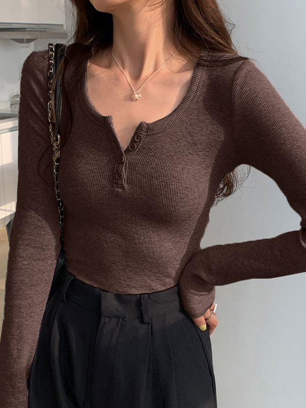 Solid Color Rib High Elastic Breasted Long Sleeve Knit-2