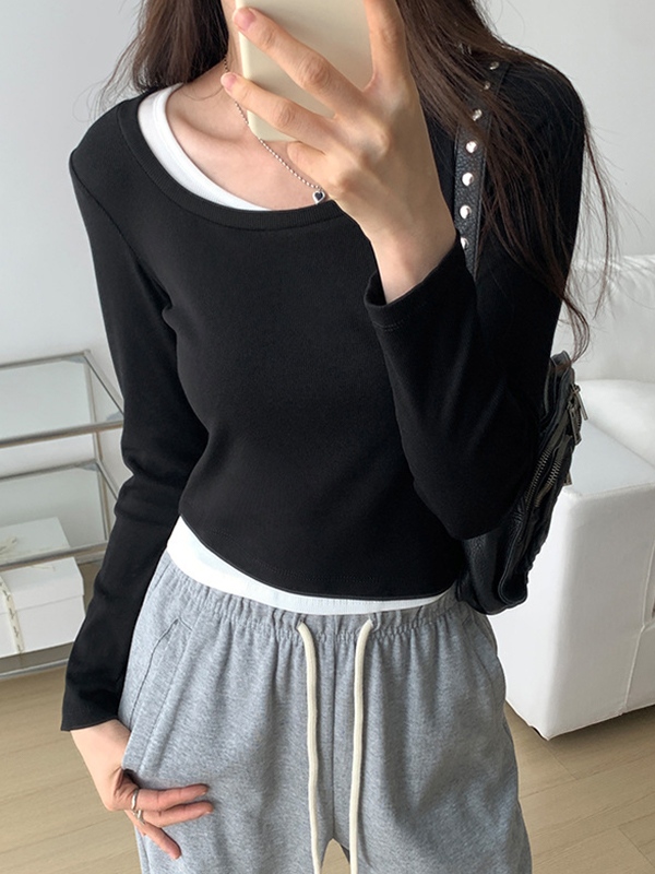 Contrast Color Fake Two Piece Long Sleeve Knit-1