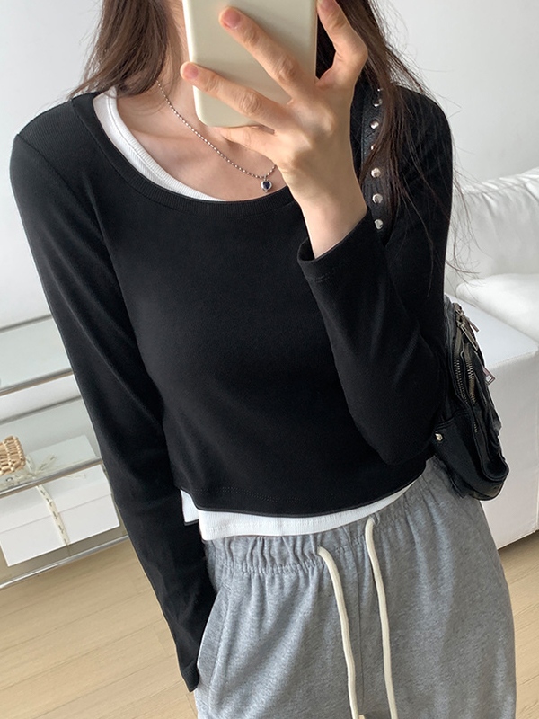 Contrast Color Fake Two Piece Long Sleeve Knit-2