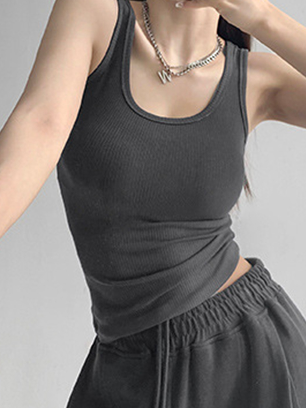 High Elasticity Solid U Neck Slim Tank Top-2