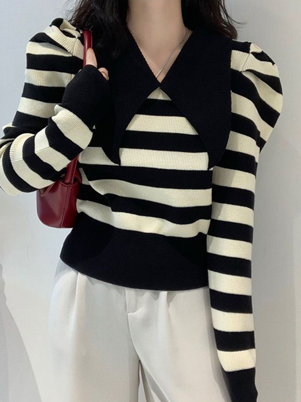 Striped Puff Sleeve Knit Sweater-2