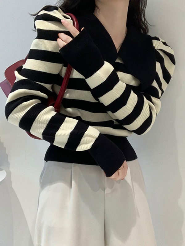 Striped Puff Sleeve Knit Sweater-3