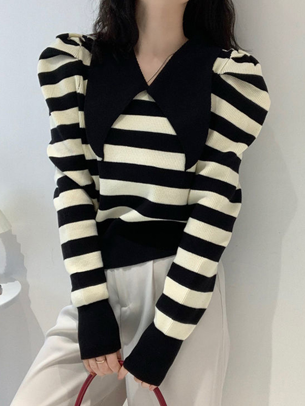 Striped Puff Sleeve Knit Sweater-4