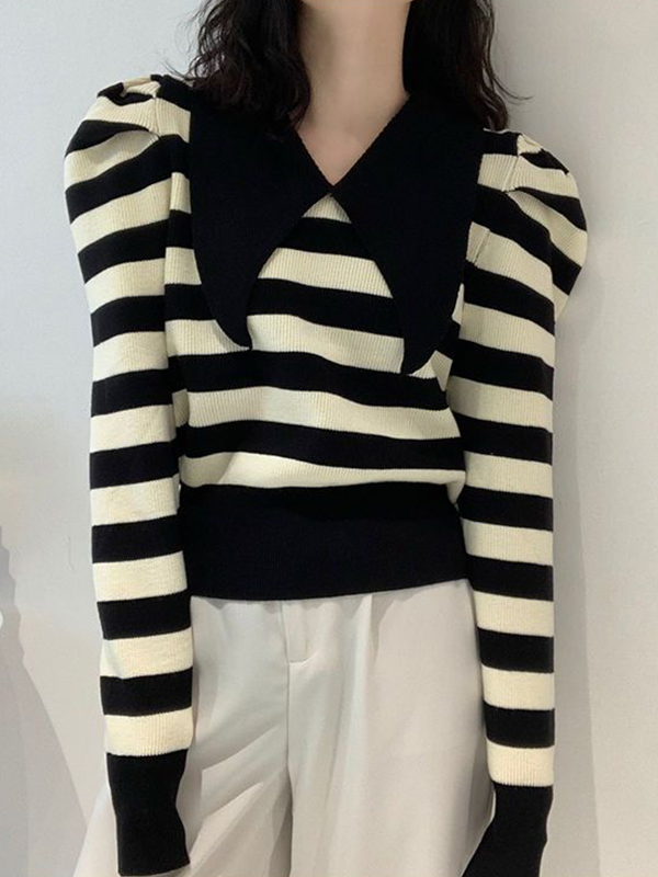 Striped Puff Sleeve Knit Sweater-1